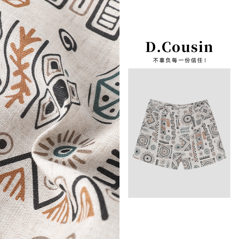 D.cousin  复古花纹短裤夏季新款时尚休闲印花亚麻短裤 7027
