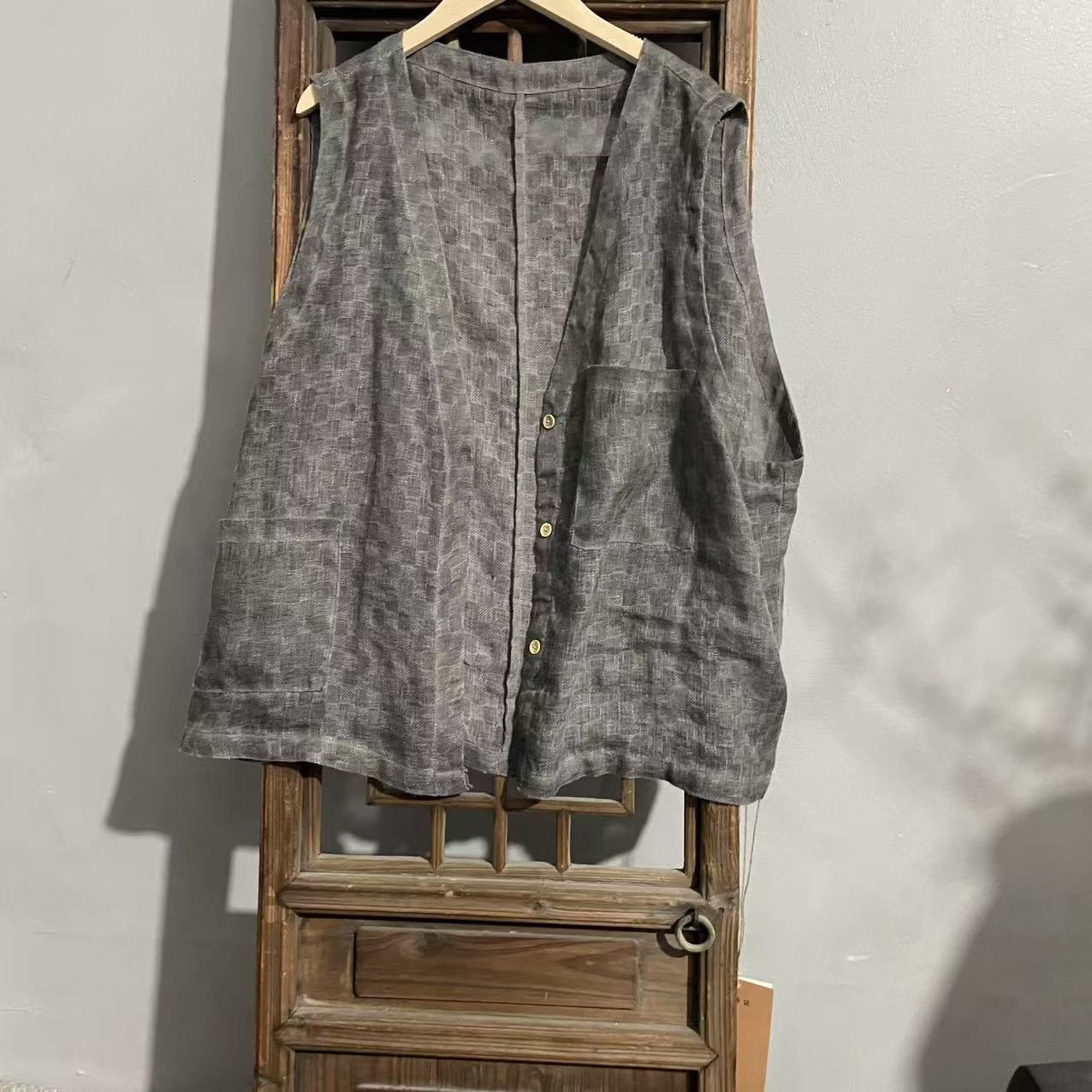 MX693苎麻62公分复古马甲宽松V领坎肩背心文艺百搭无袖外搭