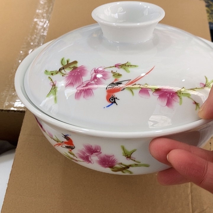 摆件陶水点桃花带盖烫碗 高