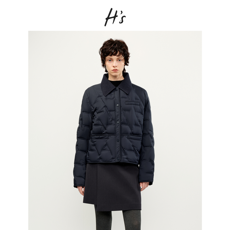 H'S藏青色轻薄羽绒服女25冬新款高级设计蓬松保暖针织翻领短外套
