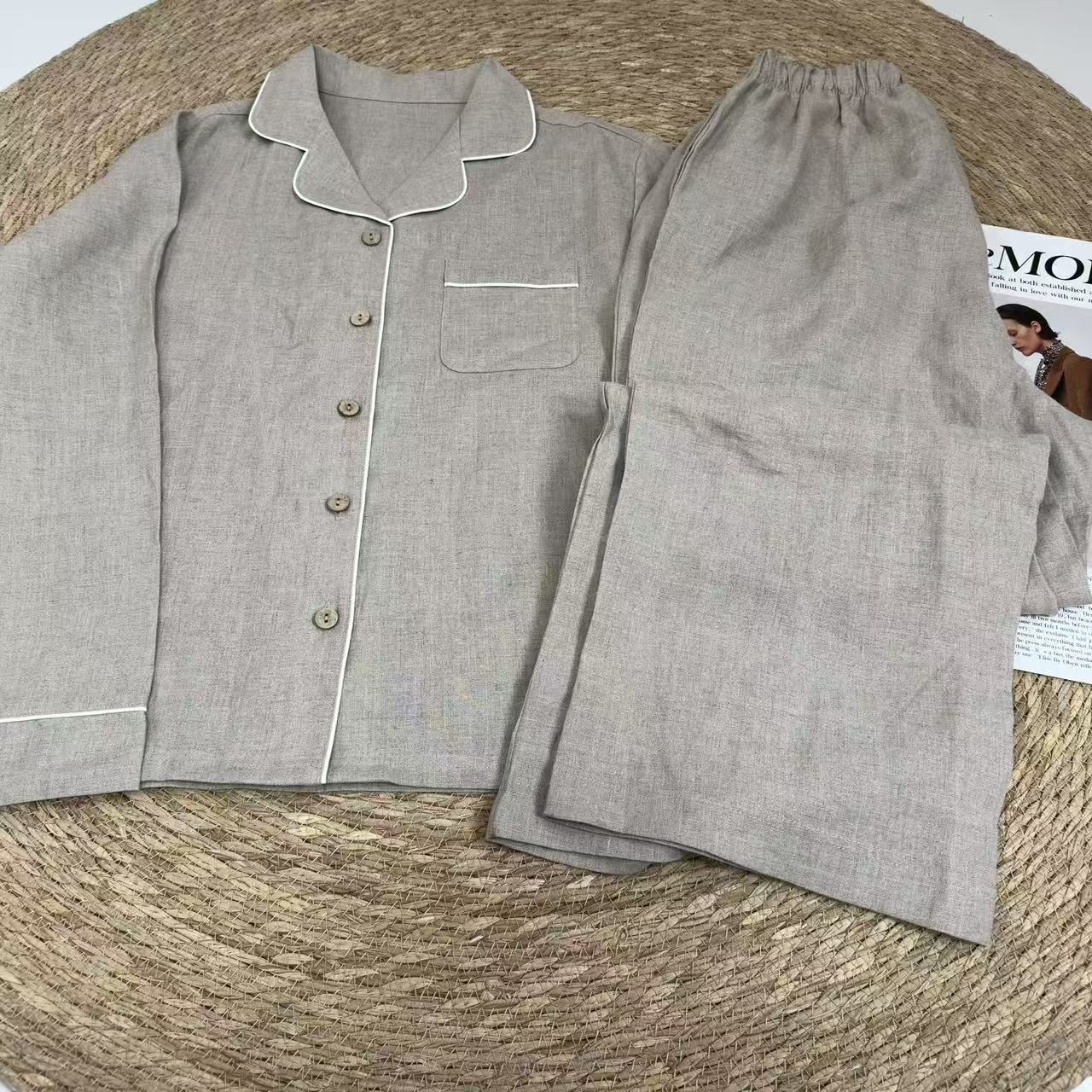 【100汉麻翻领家居服套装】21支汉麻双雨露男女秋冬净版家居服套装