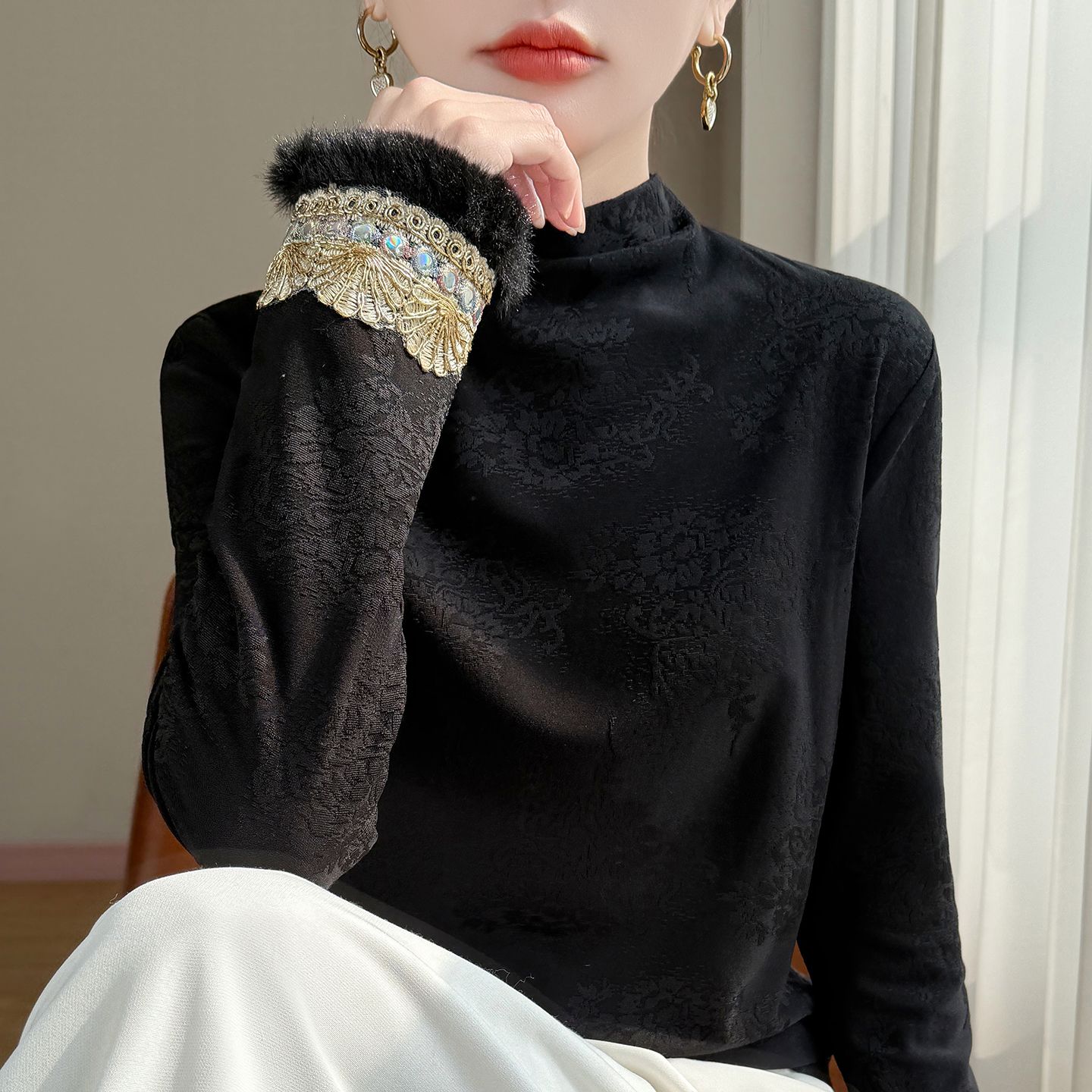 9827新中式内搭长袖半高领衬衫女秋冬加绒加厚国风打底衫T恤上衣