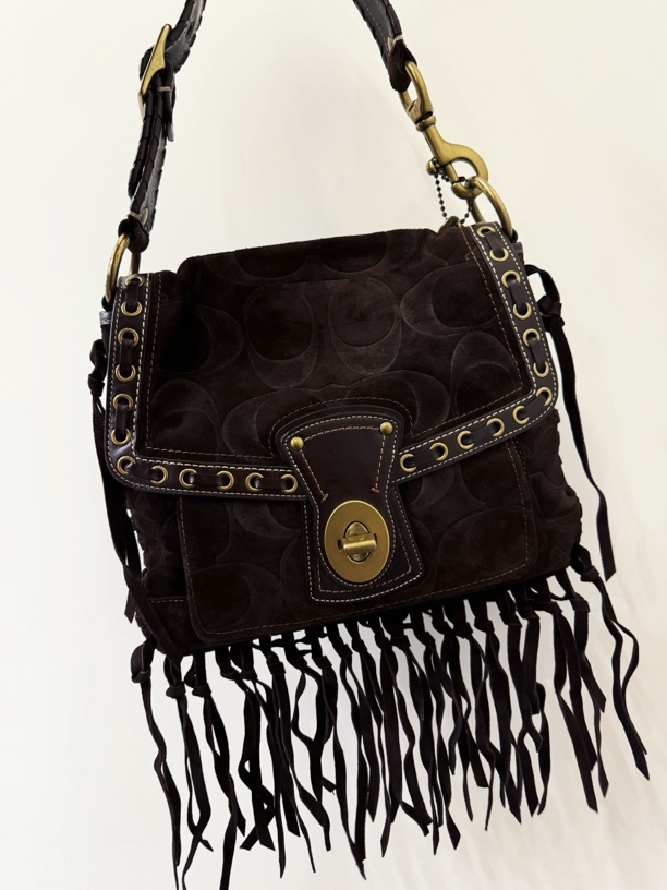 欧美复古巧克力麂皮流苏单肩包