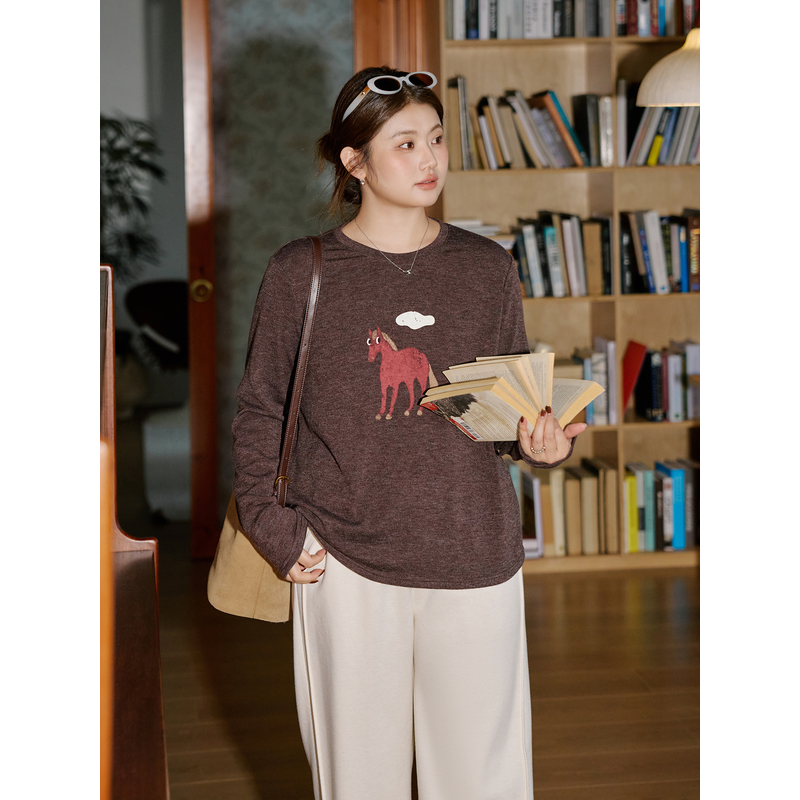 ALINDM【流云马戏】大码女装胖mm插画图案正肩印花秋冬长袖AG7626