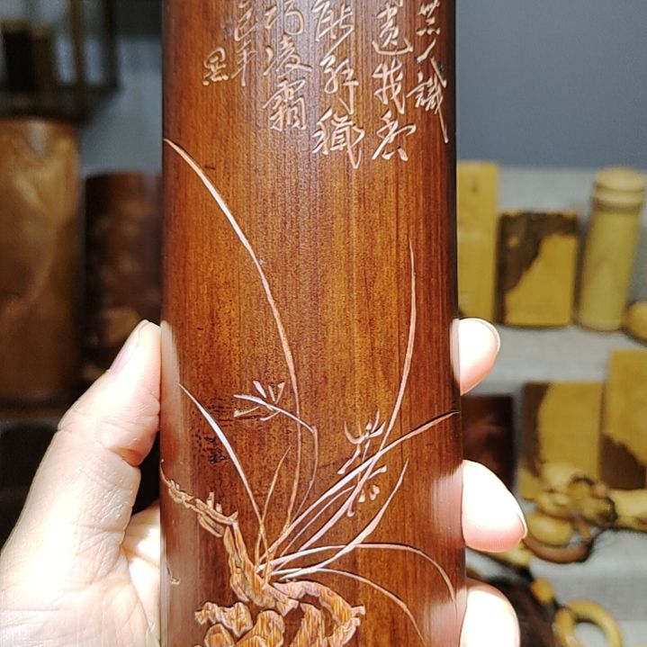 竹竹雕兰花茶则手把件