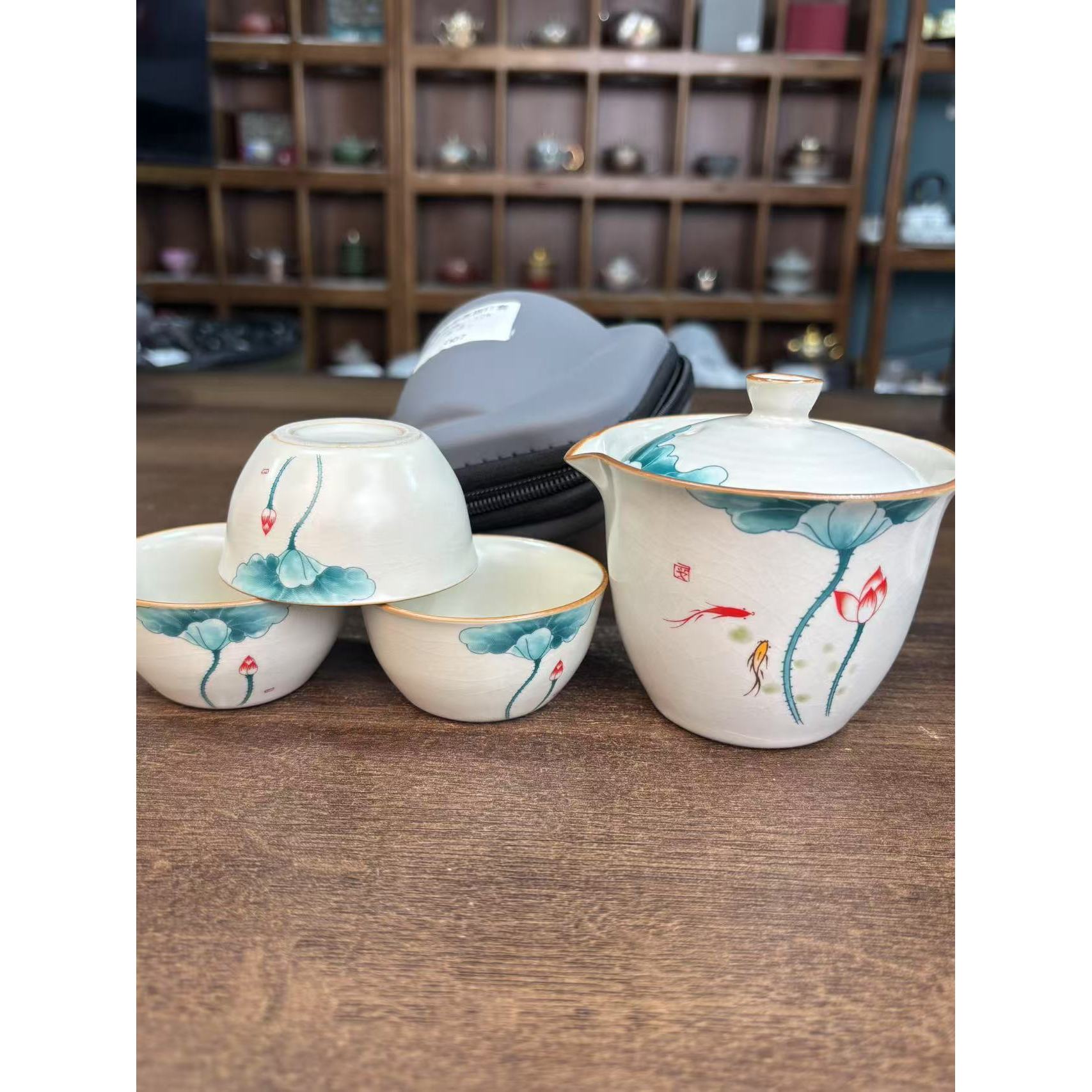 汝窑鱼戏荷莲旅行茶具一壶三杯rymhszhlh