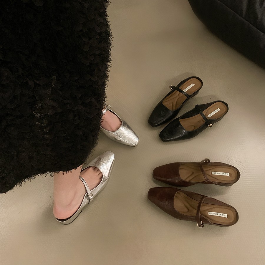 银色低跟包头半拖鞋女外穿新款夏季气质单鞋