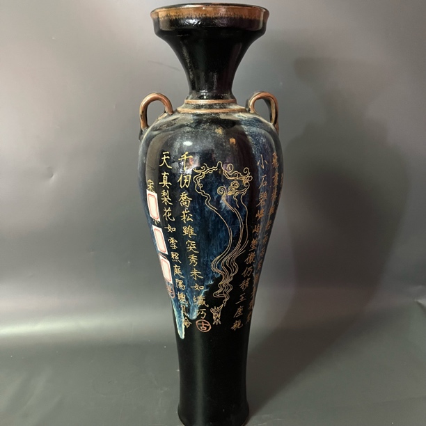 鲁山花瓷刻画人物纹描金瓶精美陶瓷工艺品