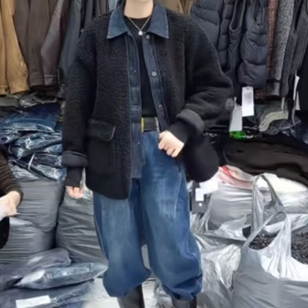 【婷姐家】欧货高奢复古牛仔拼接翻领港风高级感羔羔毛加厚短外套