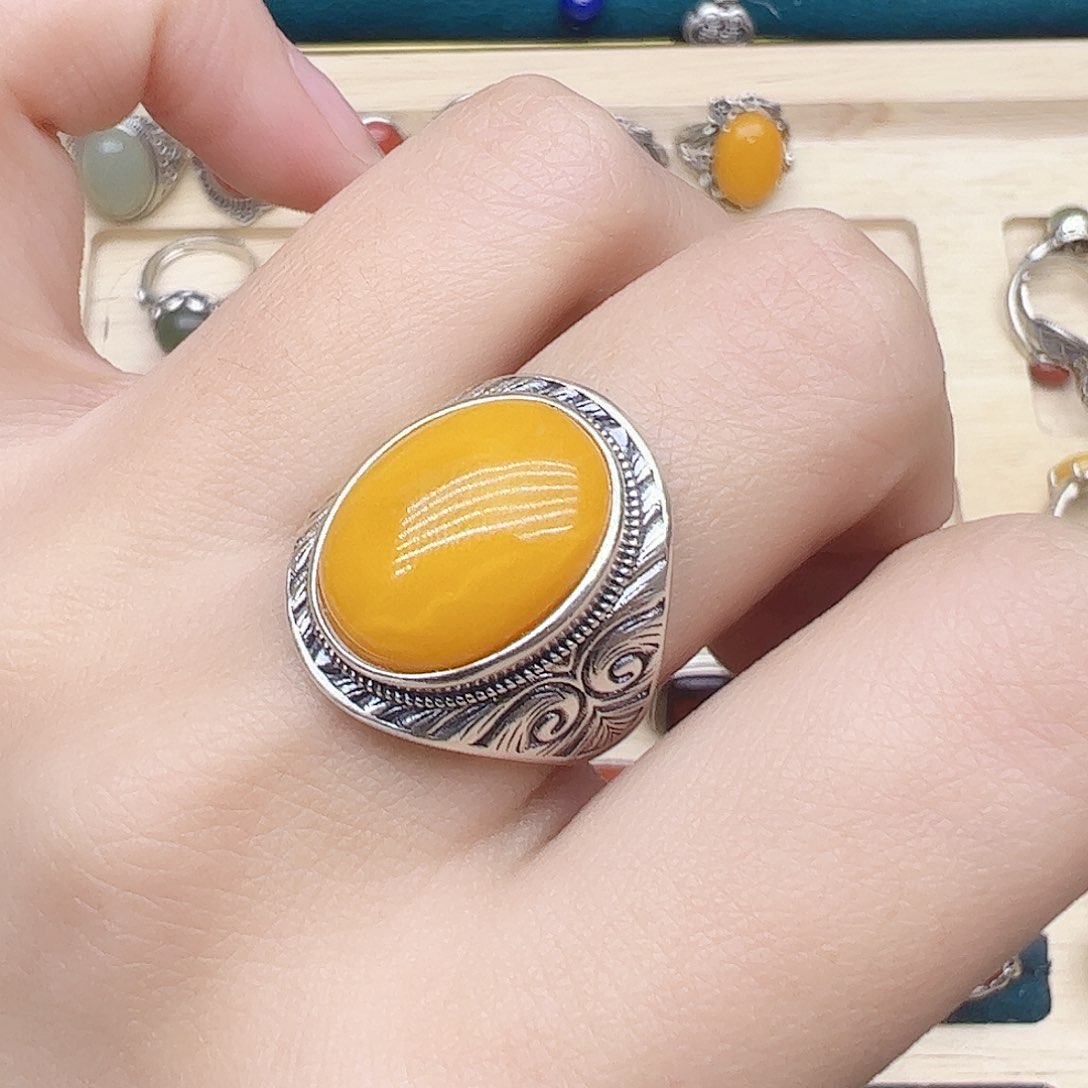 蜜蜡戒指银S925镶嵌，