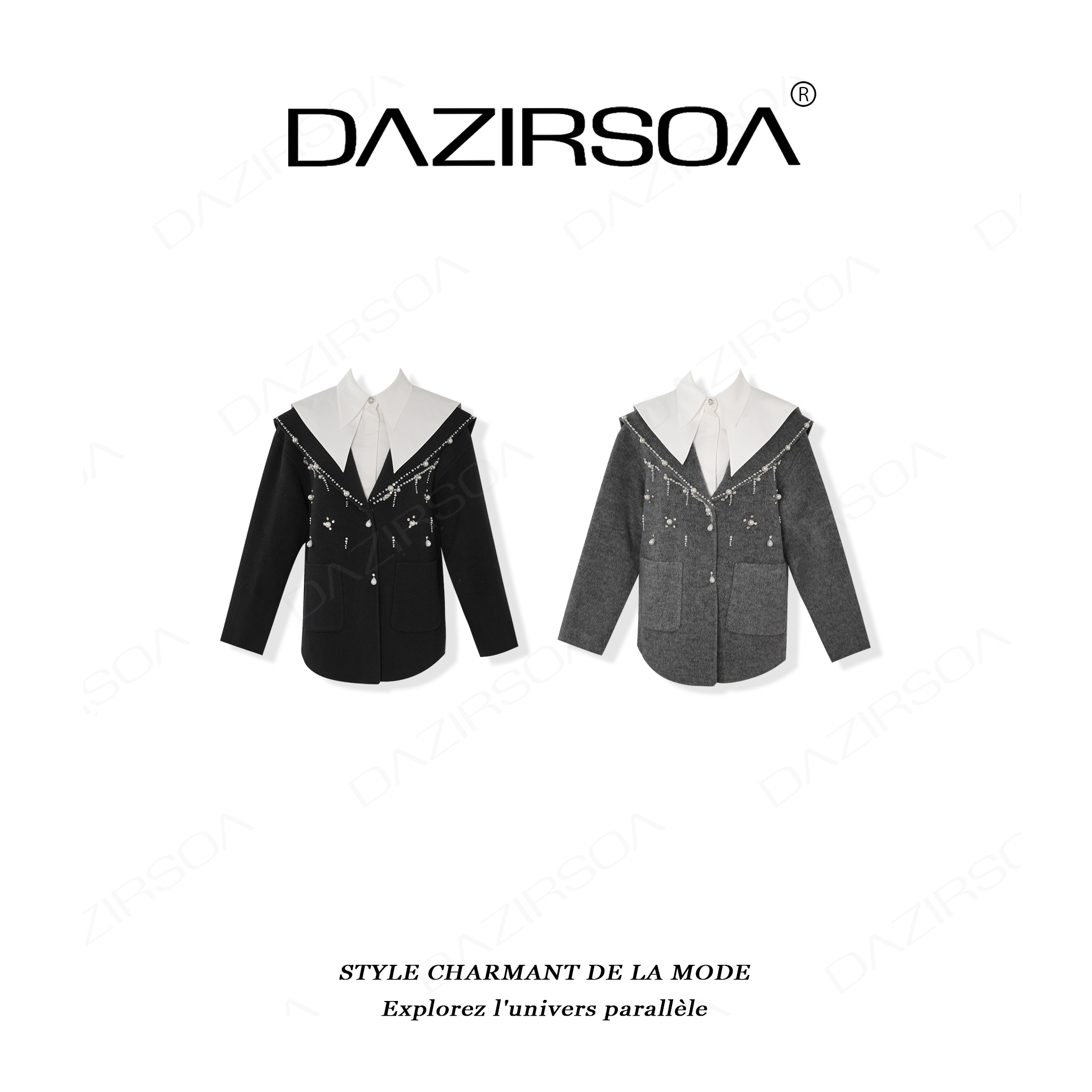 “都市探索”小众钉珠衬衫领两件套羊毛大衣外套 AB937