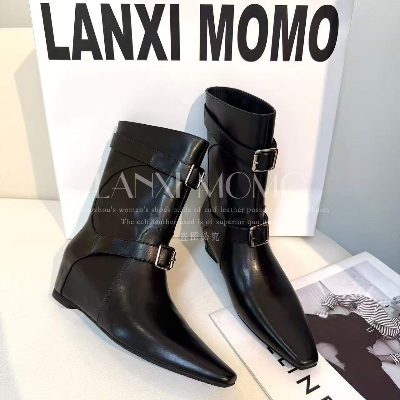 【LANXI MOMO】时尚百搭女士黑色尖头设计师气质短靴25XZ730LX
