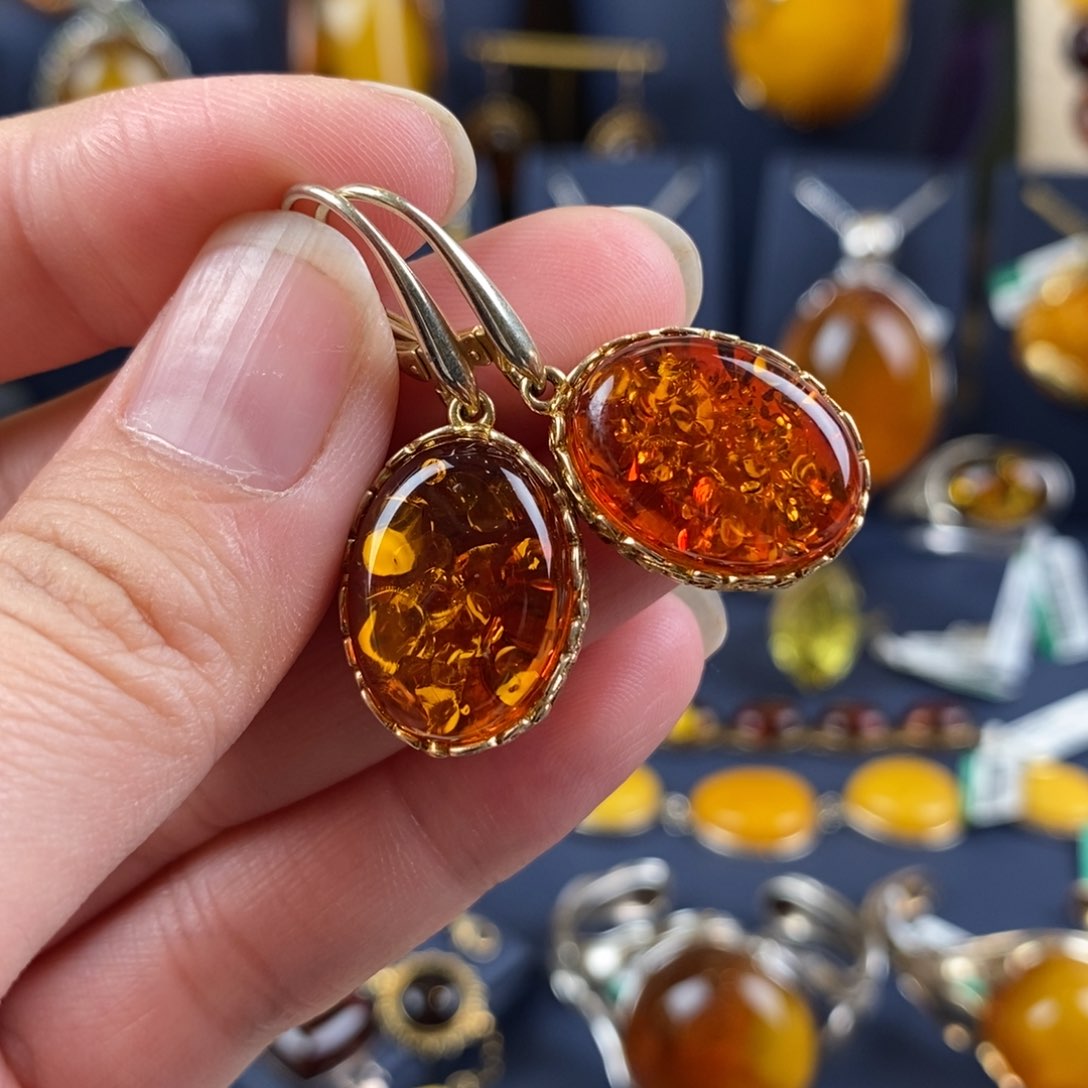 琥珀耳饰银S925镀金镶嵌