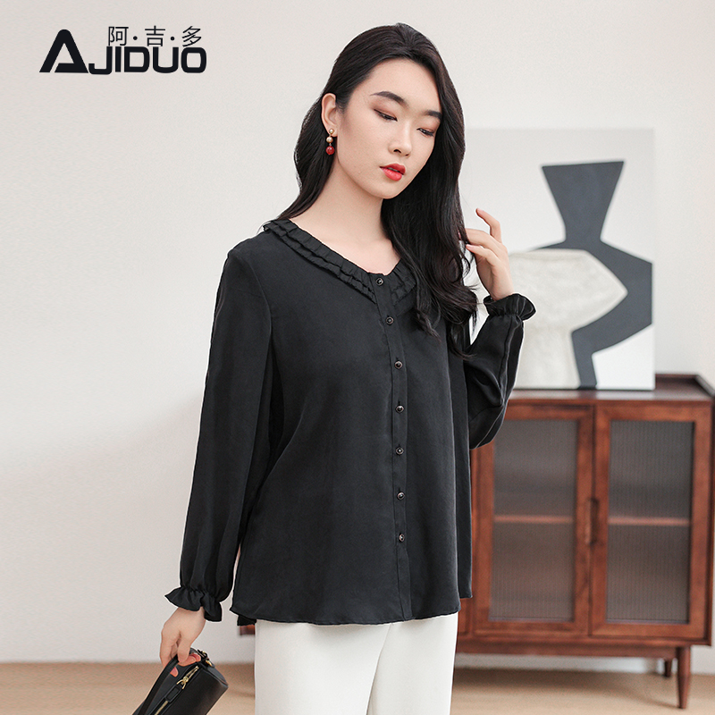 阿吉多长袖衬衫女2025新款春季黑色气质法式小衫大码高级V领上衣
