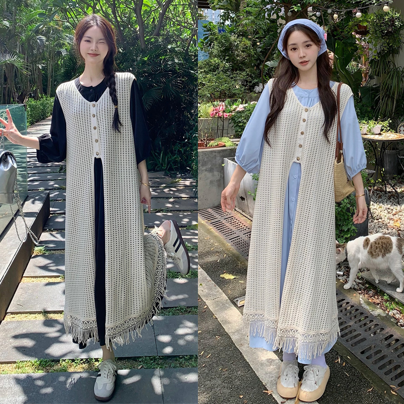 夏大码女装清新流苏裙边高开衩镂空宽松显瘦连衣裙两件套-6542