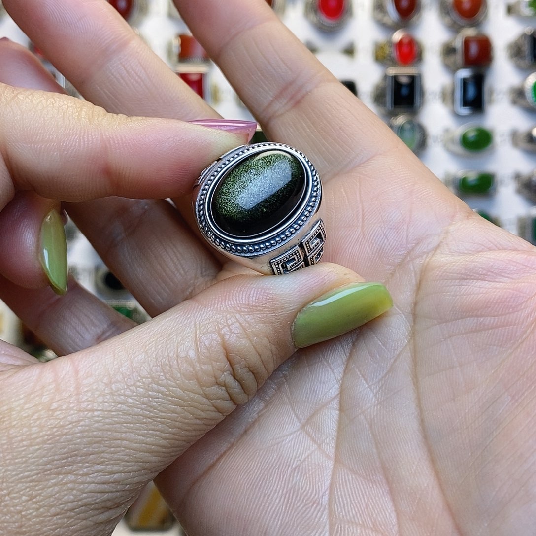 黑曜岩戒指银S925镶嵌卡*.