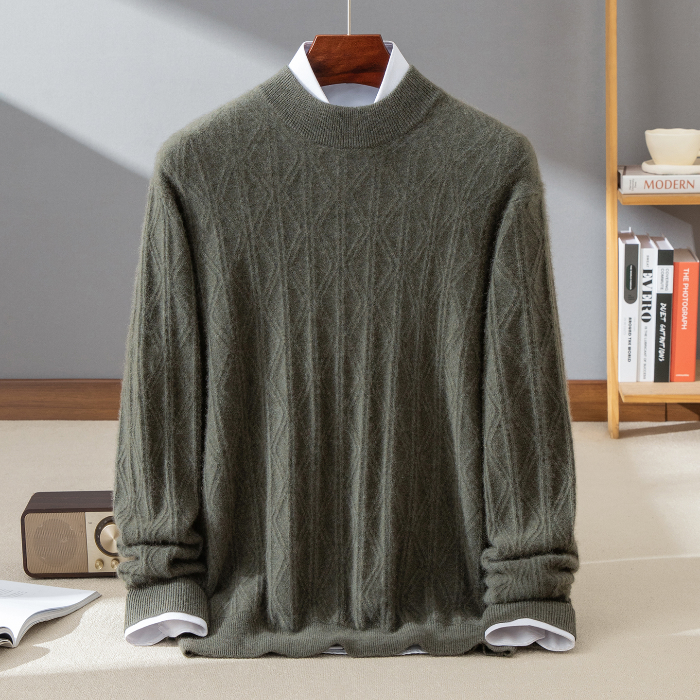 25年秋冬新款100%纯山羊绒衫男士圆领加厚提花保暖打底针织衫上衣