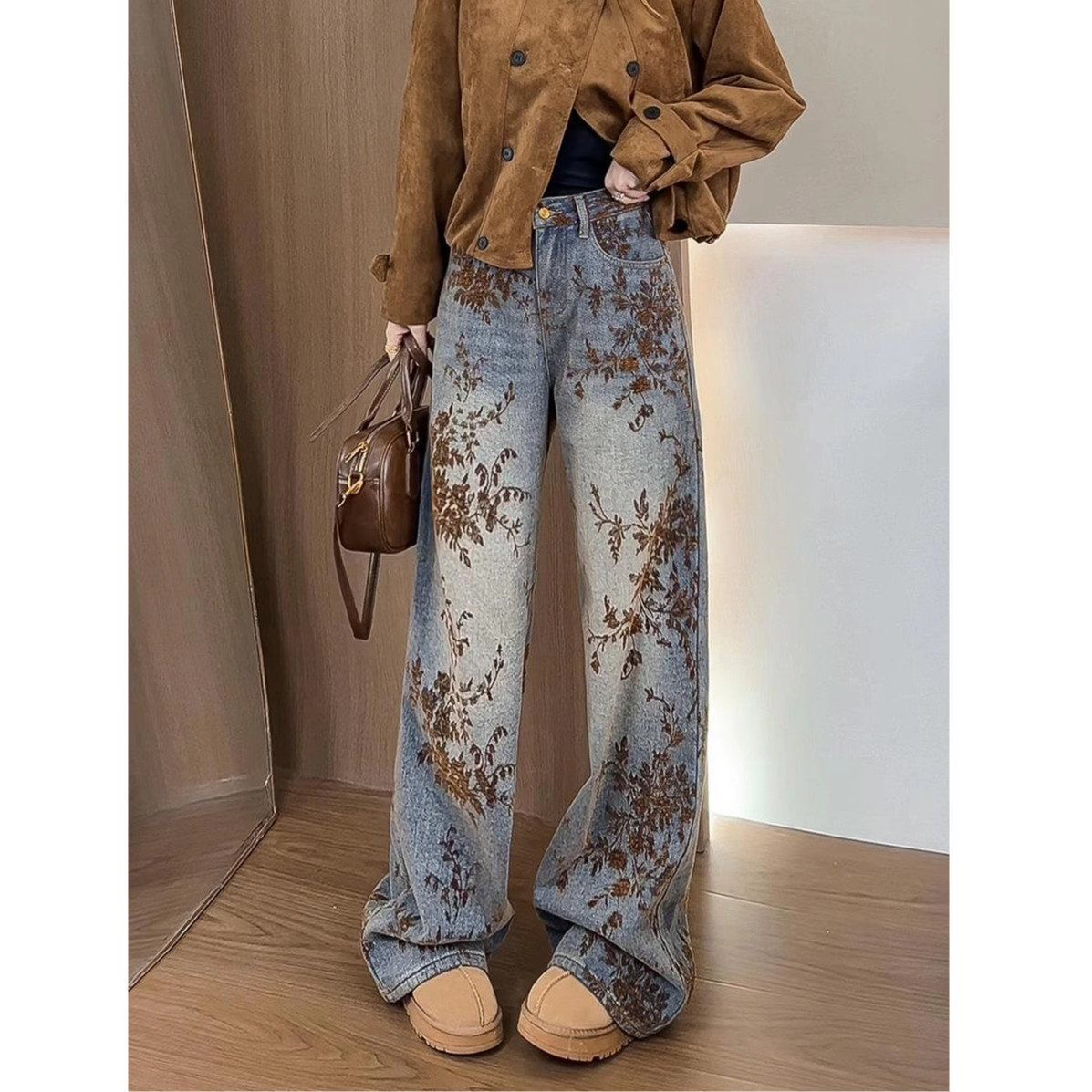 新款时尚提花设计感阔腿直筒裤牛仔裤