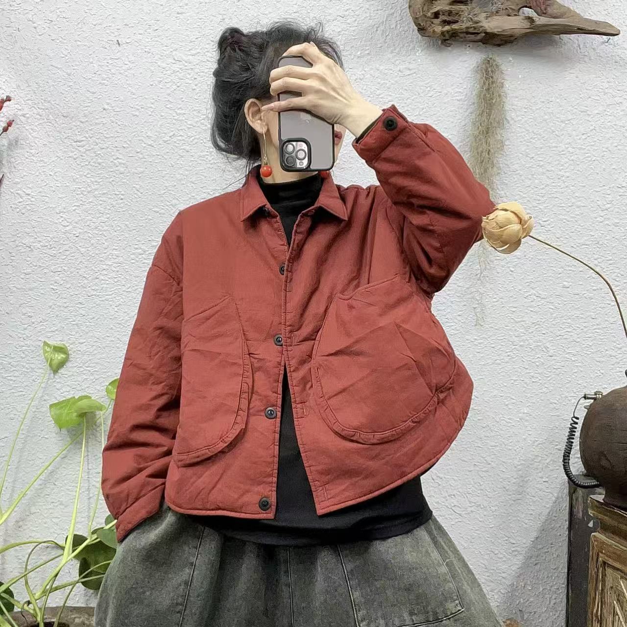 311171夹棉翻领半弧立体口袋开扣棉袄外套（前50后57胸围124