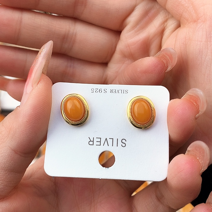 蜜蜡耳饰银S925镶嵌耳饰