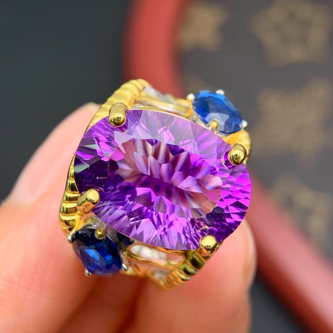 意大利精工天然紫水晶戒指女士S925银精工镶嵌活口戒指中秋礼品