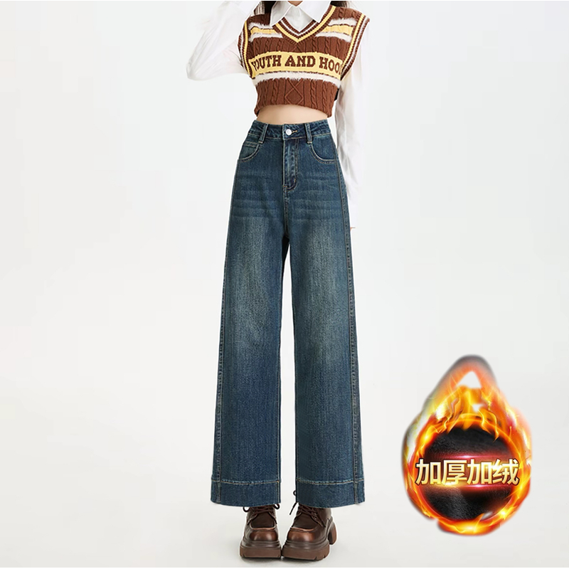 加绒加厚直筒牛仔裤女九分2025年高腰显瘦复古小个子窄版阔腿裤潮