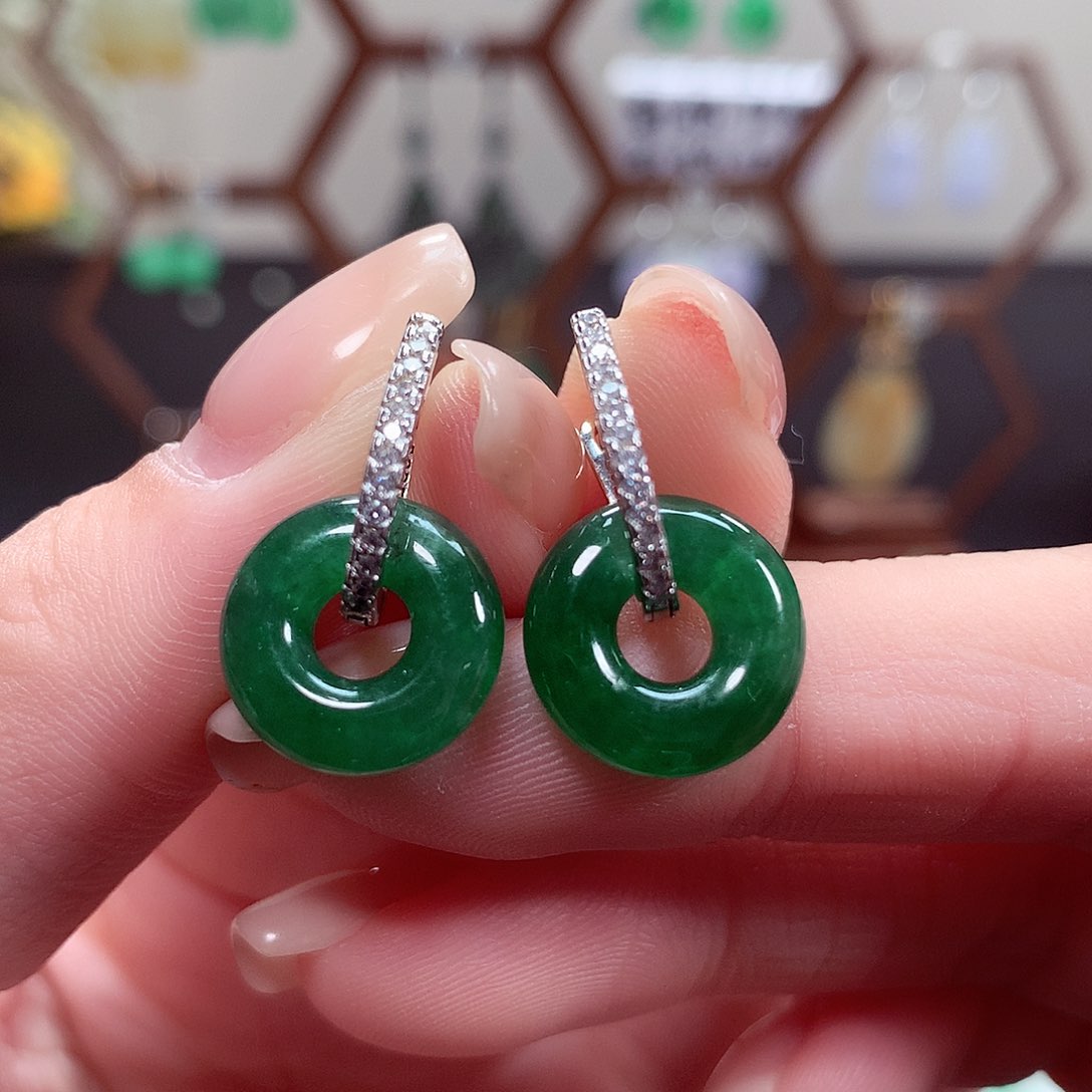 翡翠耳饰银S925镶嵌天然翡翠