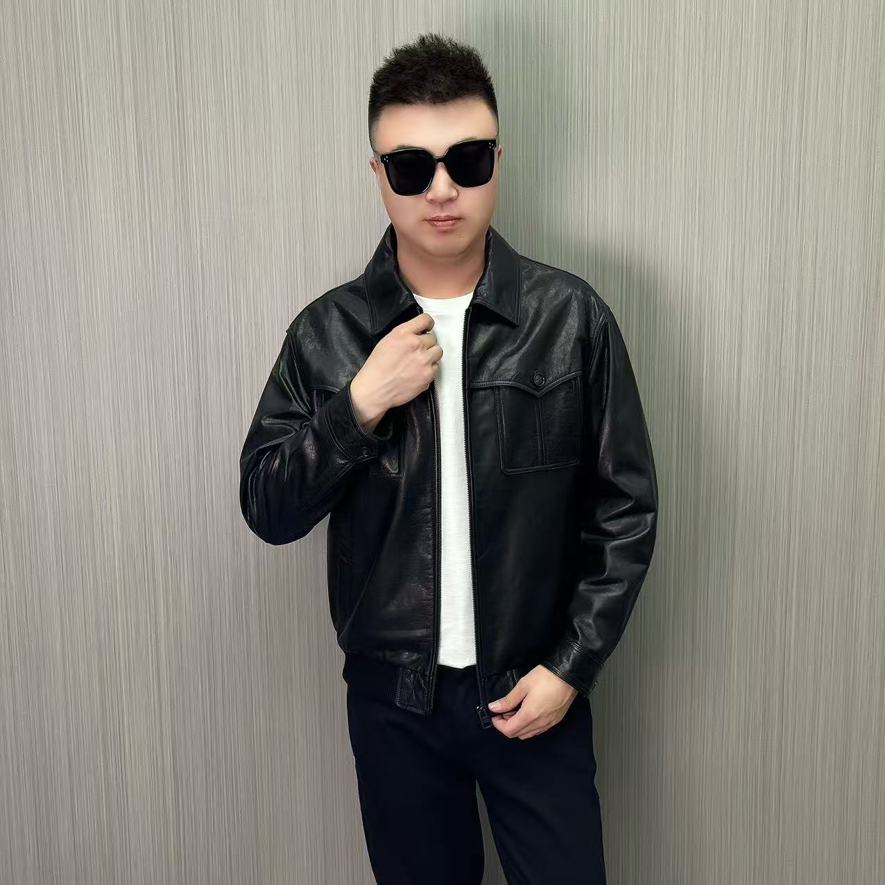 【007】秋冬奢款订制进口绵羊皮翻领潮流简约经典真皮皮衣时尚休闲