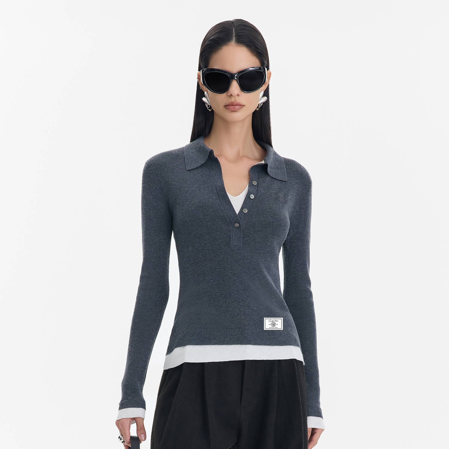 CALLED BACK【北欧格雷系】圆领衫灰色印花长袖打底上衣 