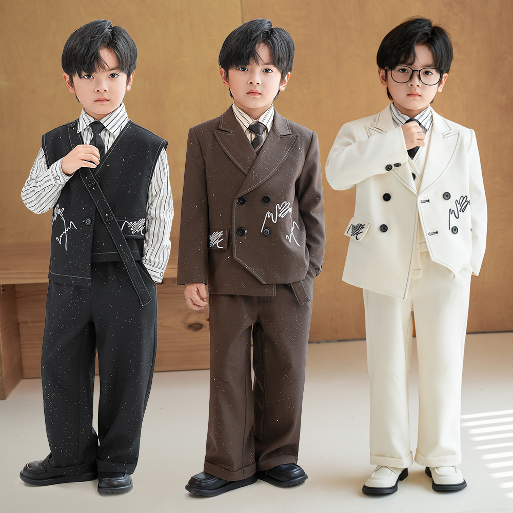 儿童西装套装亮闪闪帅气礼服男孩走秀演出服男童生日小西服秋冬款