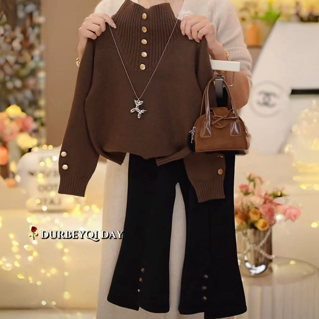 女童2025秋季新款高级感半高领美拉德毛衣微喇裤套装5779