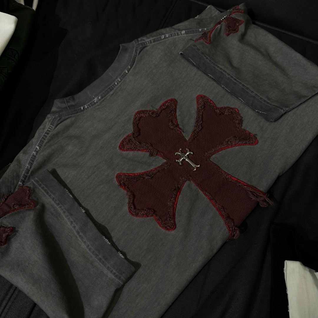 【 02编码 】300g重磅水洗双层红色十字贴布重工男女同款短袖【5106】