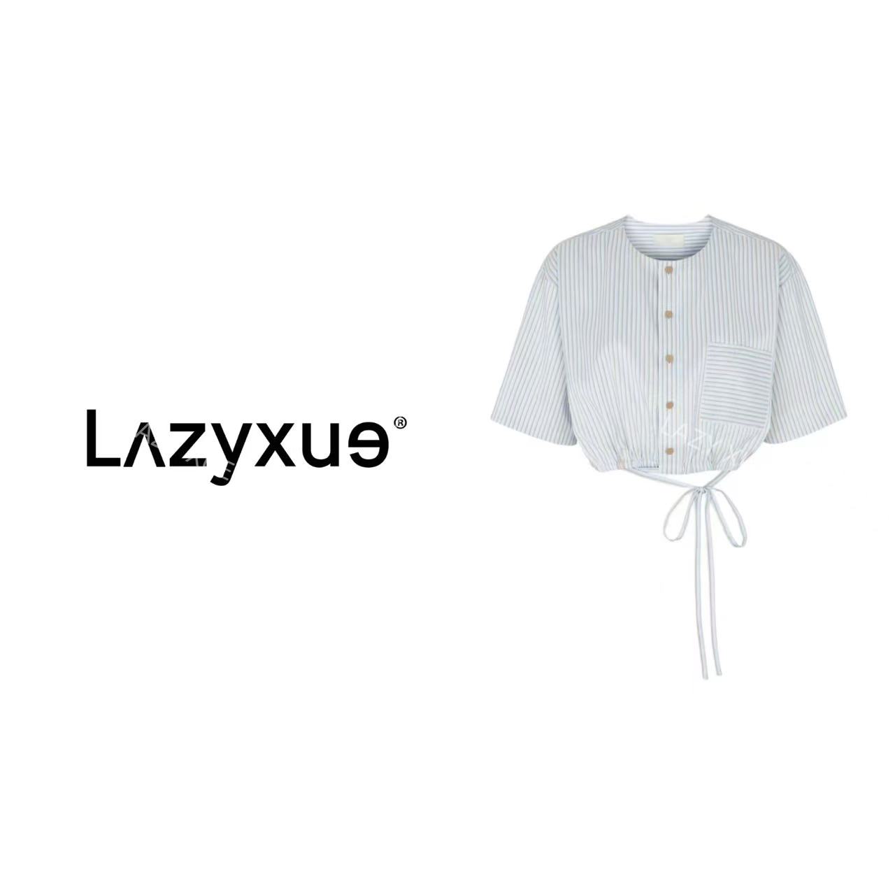 LAZYXUE薛懒懒“织梦”夏季拼色条纹宽松系带收腰圆领短款衬衫 5241