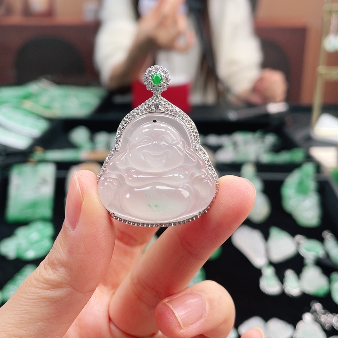 好***运石英质玉银S925镶嵌吊坠(不含链)