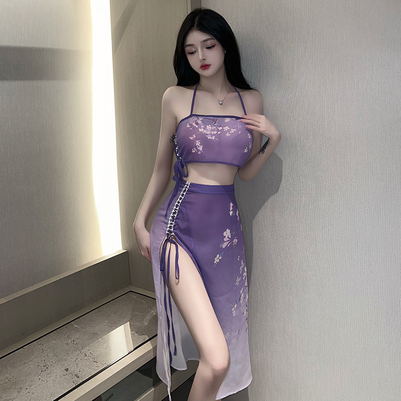复古西域新款家居服气质汉服古典风睡衣显瘦包臀时尚纯欲蓝色印花