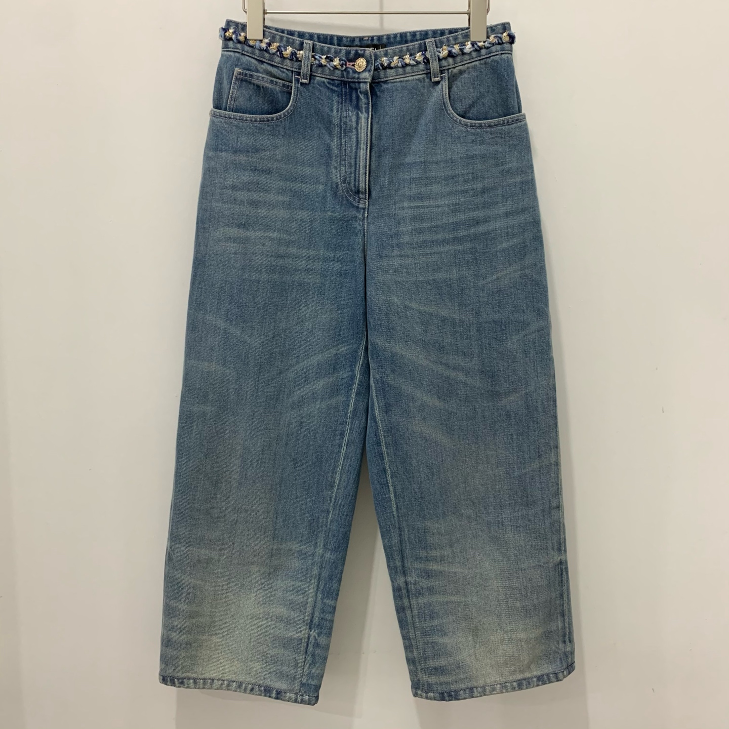 99新 Chanel/香奈儿 25A新款宽松阔腿牛仔裤花呢拼边36码