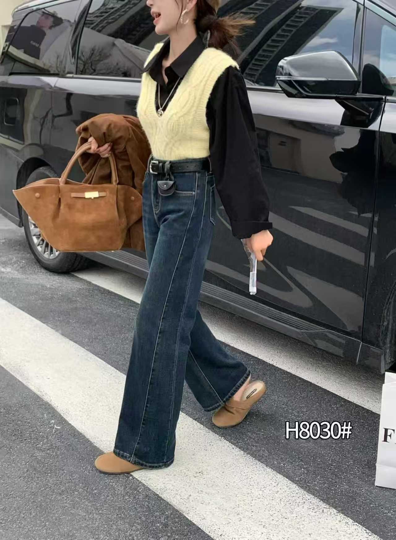 8030-AQ复古蓝植绒微弹牛仔直筒裤