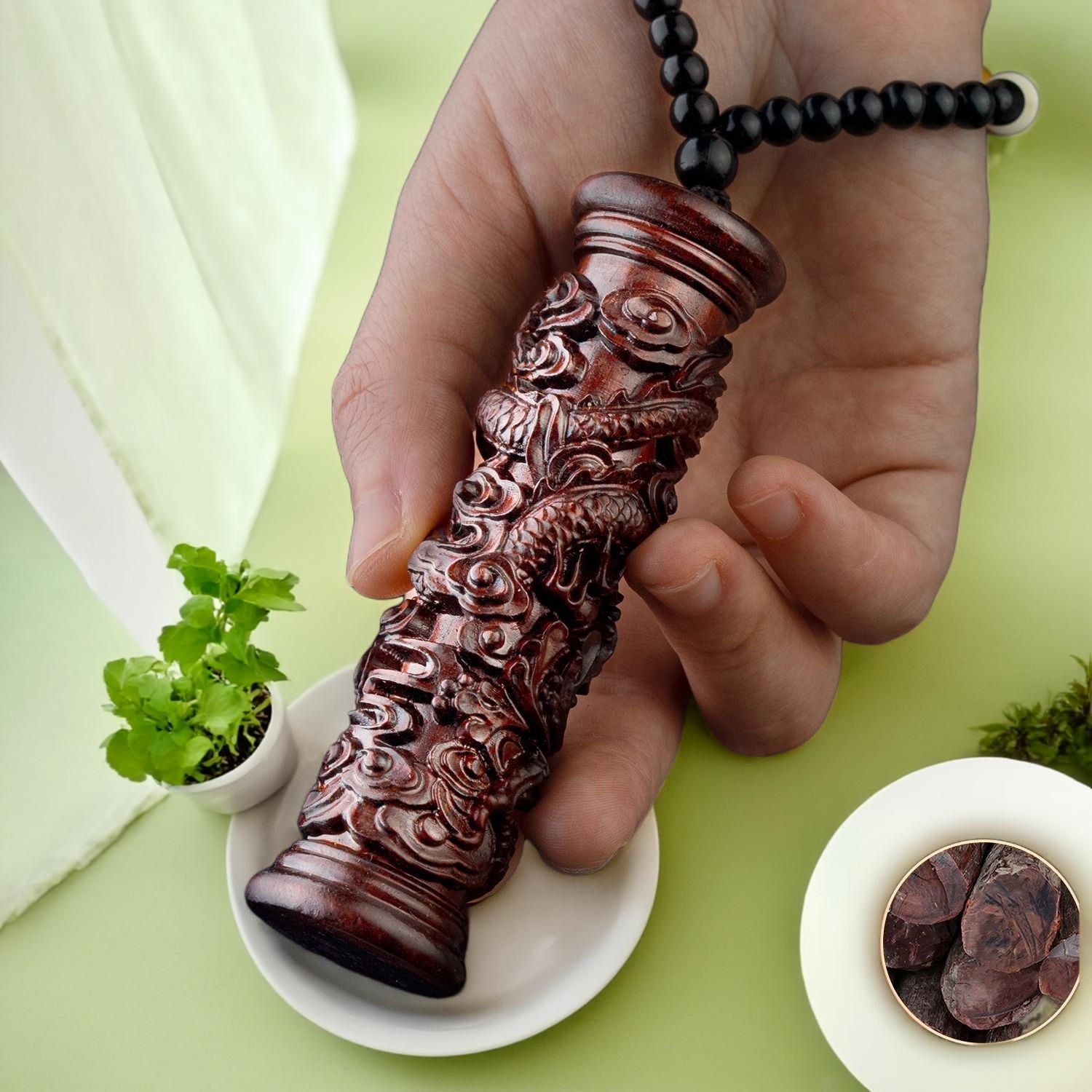 紫檀材质手把件精雕盘龙龙柱挂件工艺品约10*2.5公分