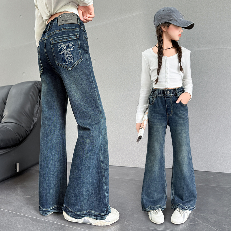 女童秋季长裤春秋季高腰显瘦牛仔裤秋装宽松微喇牛仔裤中大童外穿