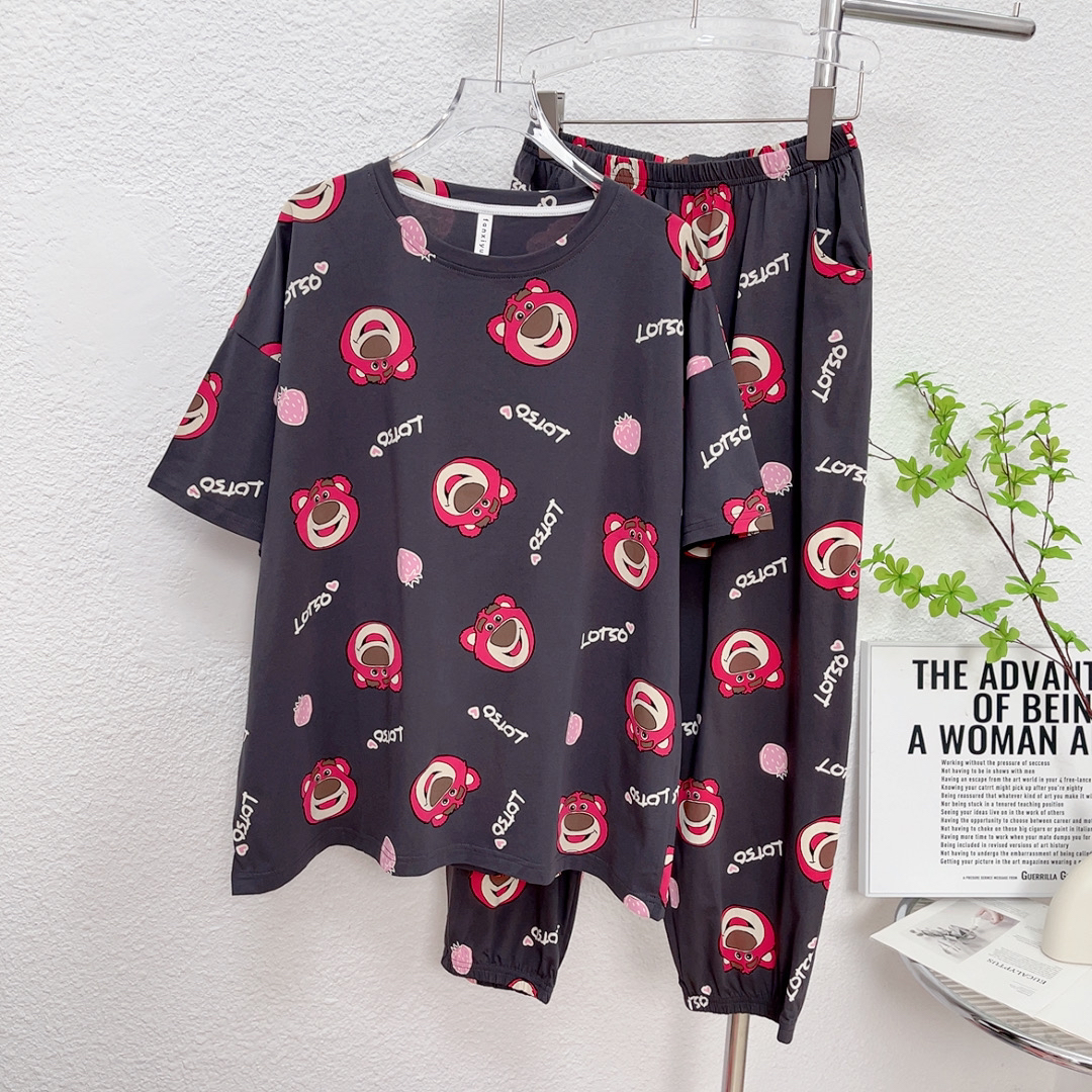 红色睡衣女套装短袖收口裤卡通圆领家居服春夏季薄款棉质弹力