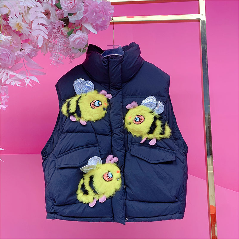 QD1717欧美设计师2025冬季新款重工钉珠拼免毛蜜蜂休闲羽绒马夹女