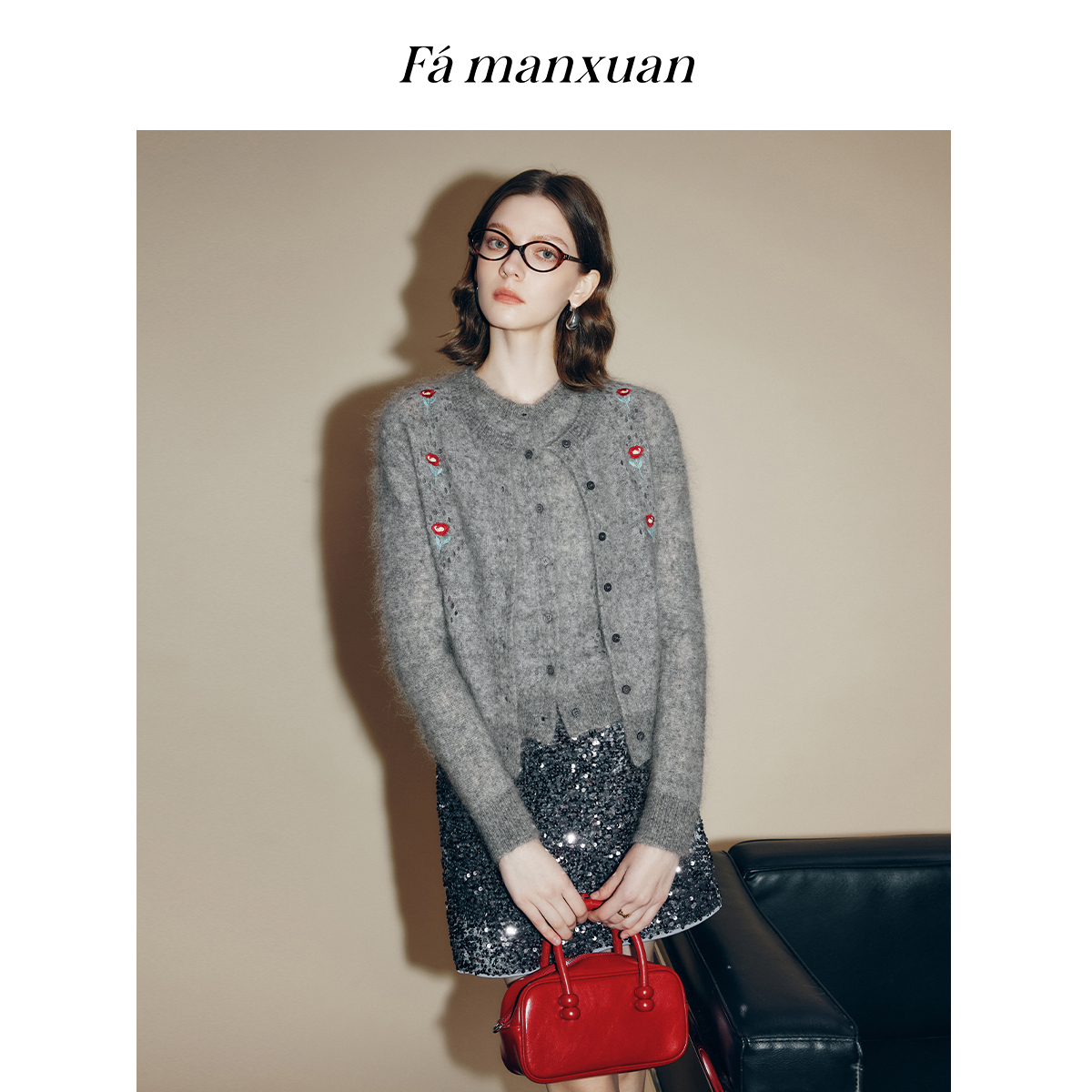 【陈大可专属】法曼萱玫瑰花朵刺绣羊毛马甲女2025秋新款上衣