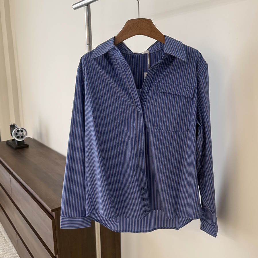 【泡芙韩国女装】长袖蓝色条纹衬衫女/No退No换~