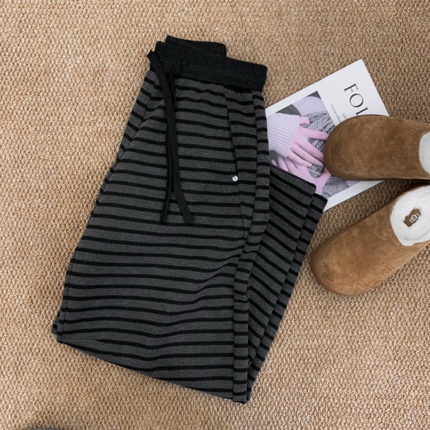 ［巧巧定制］新款韩版百搭时尚松紧腰抽绳撞色条纹弯刀裤休闲裤7090