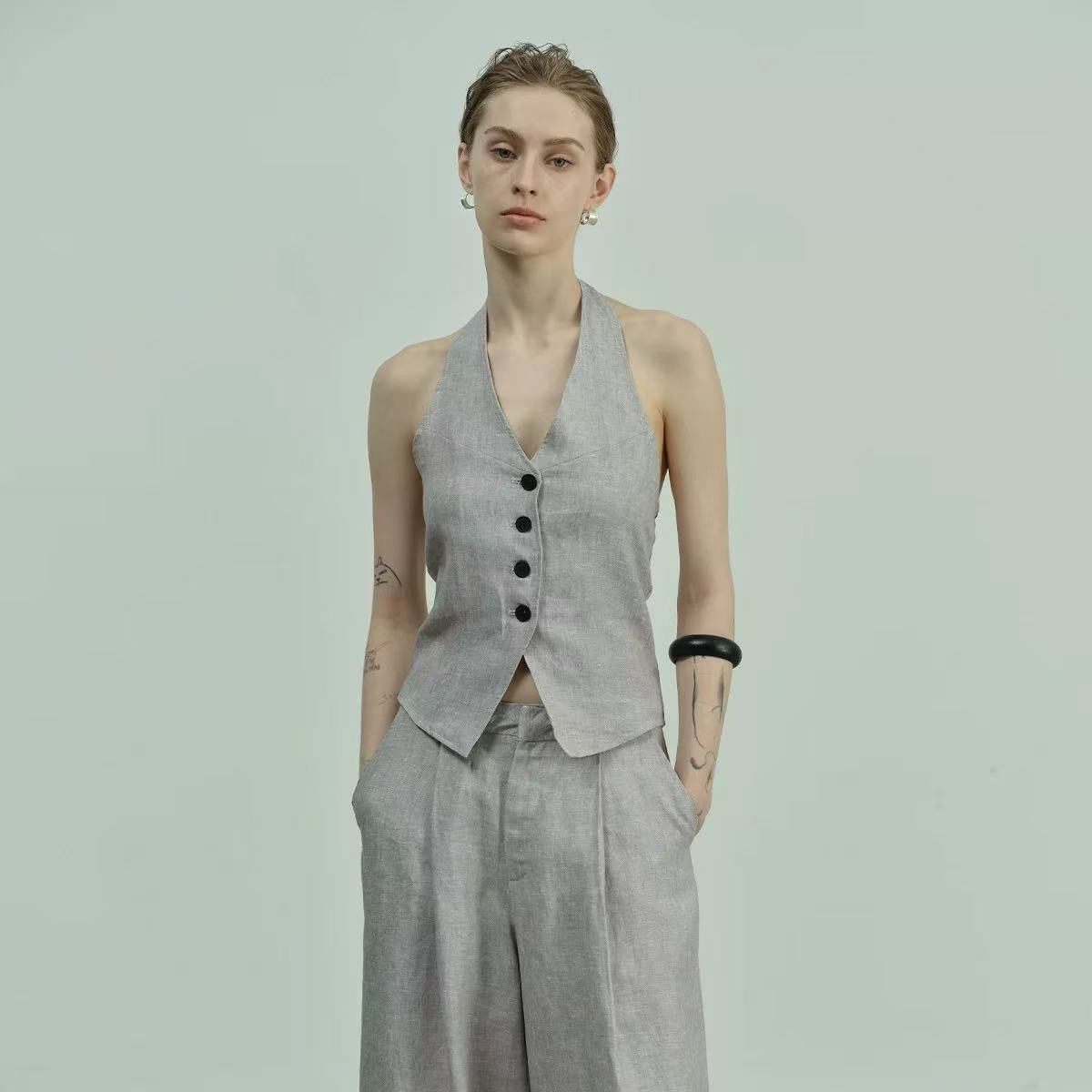 夏季女款老钱风天丝亚麻马甲阔腿裤时尚通勤套装