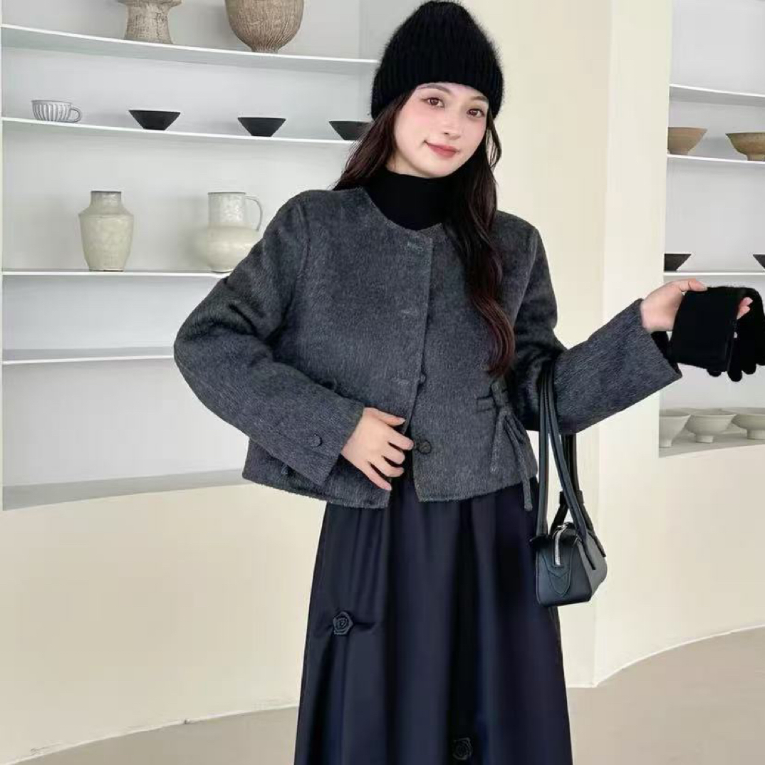 秋冬新款蝴蝶结小香风短款女大衣小个子韩版宽松显瘦