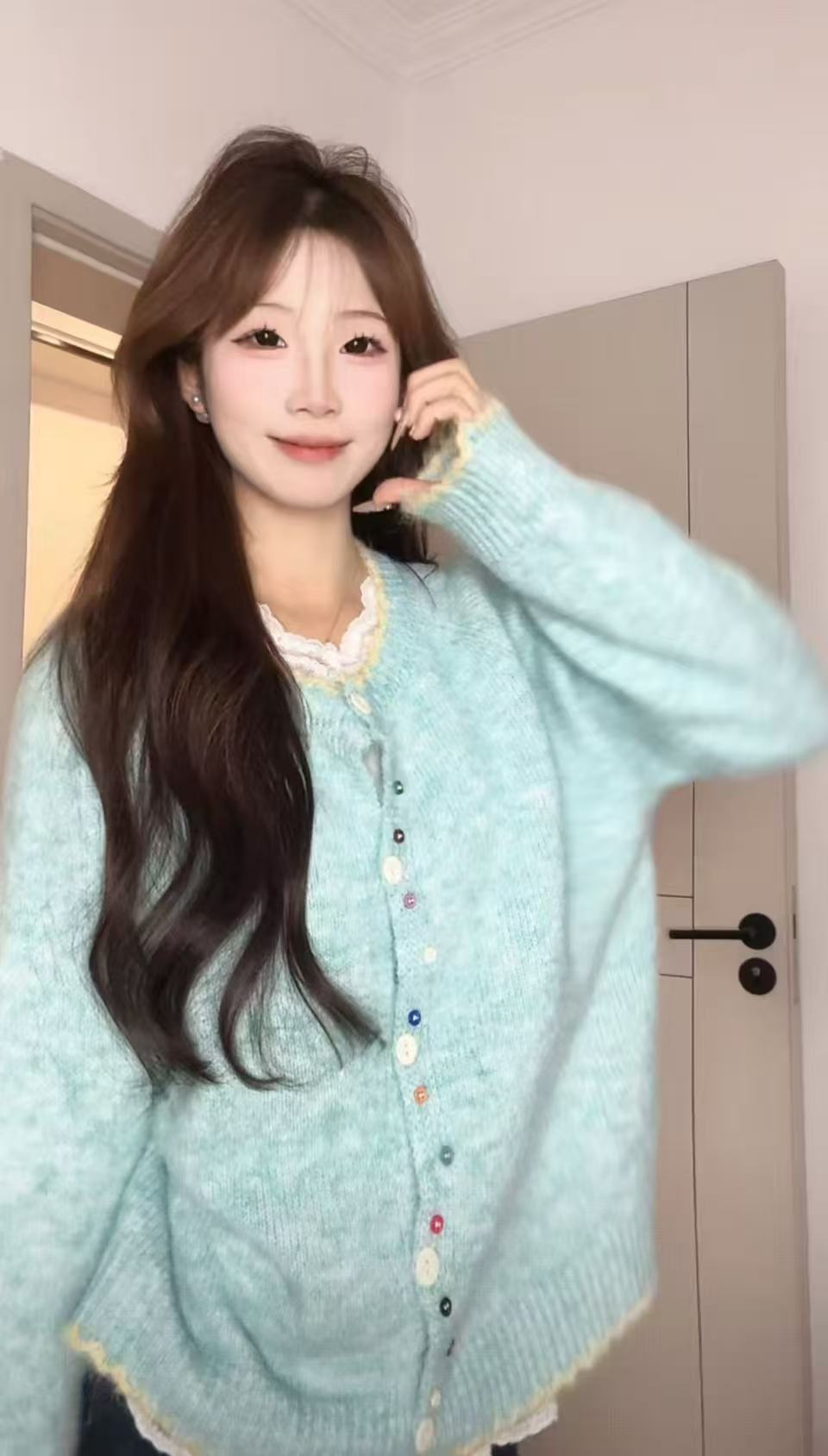 【原版纱线】韩版彩扣撞色软糯百搭针织开衫秋冬季新款宽松圆领毛衣
