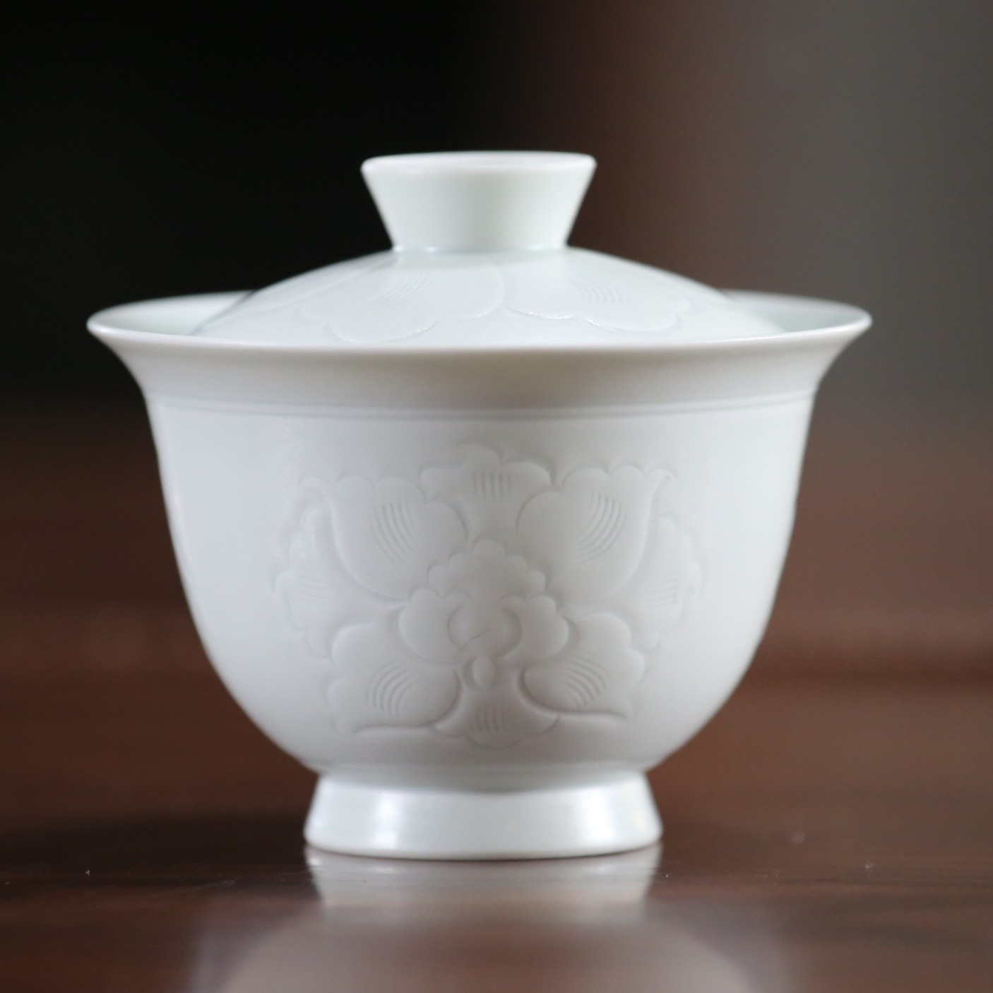 炎魁手作 白瓷划花牡丹纹盖碗