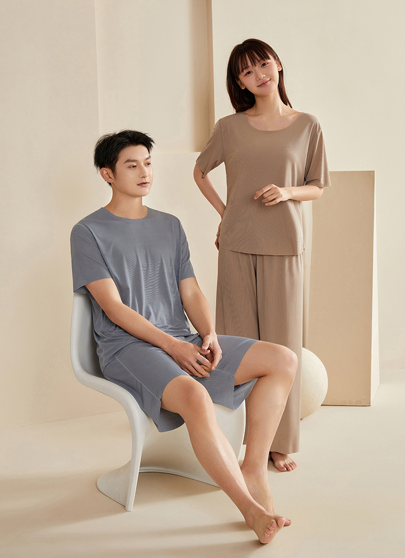 夏季冰丝家居服睡衣情侣套装薄款圆领女凉感短袖可外穿