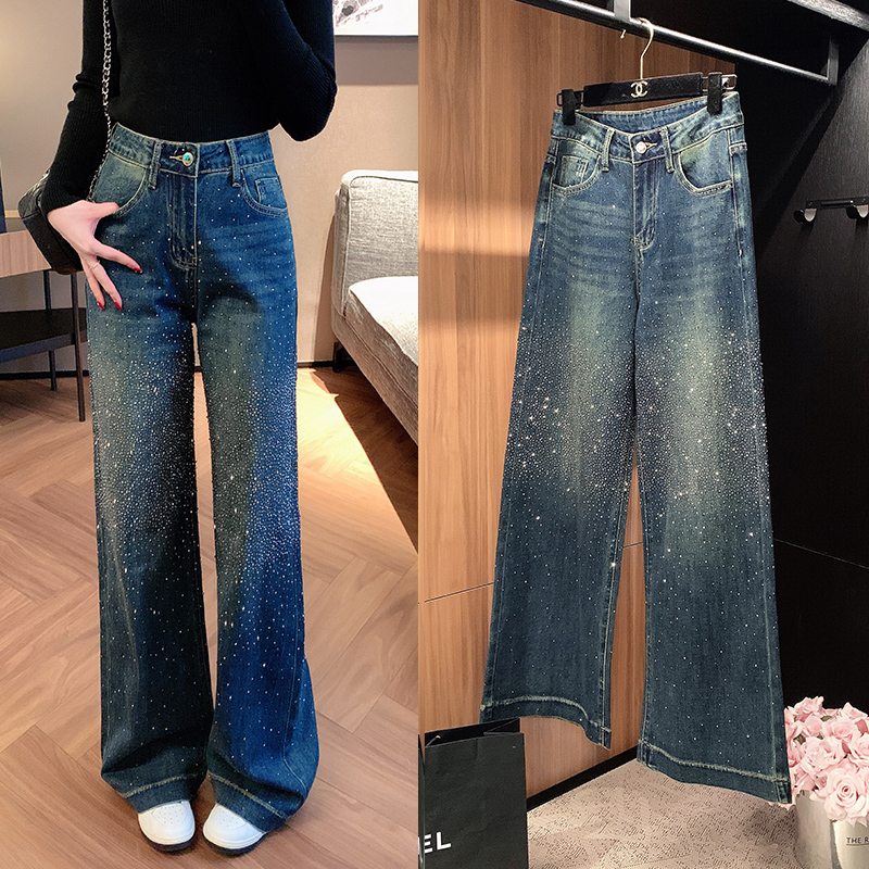 烫钻窄版阔腿牛仔裤女2025春夏新款高腰显瘦重工设计感钉珠直筒裤